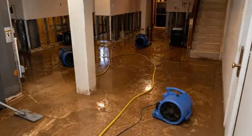 Air mover drying a flooded finished basement in Brightwaters