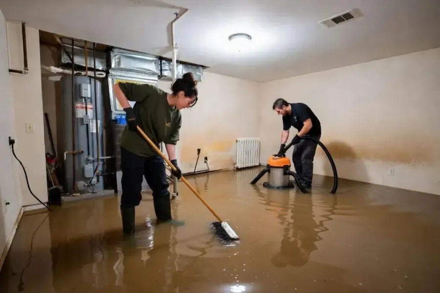 Restoration technicians extracting standing water from a flooded Bay Shore home