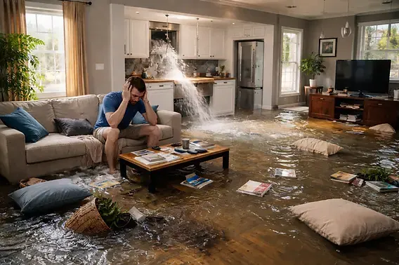 Water spraying from a burst pipe into a flooded Bay Shore room
