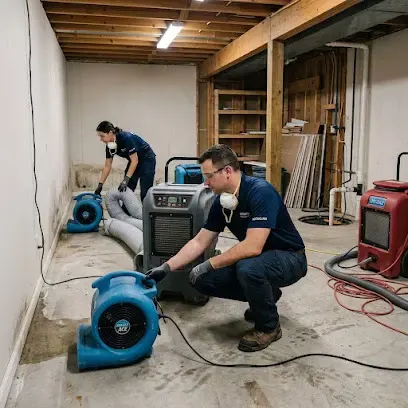 Restoration crew running drying equipment in a large Bay Shore commercial space
