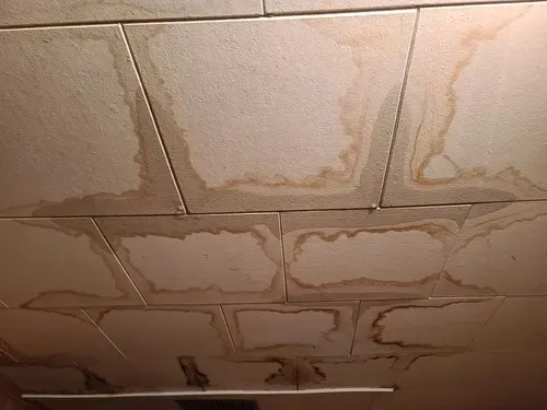 Water-damaged ceiling tiles under a leaking roof after a Long Island storm