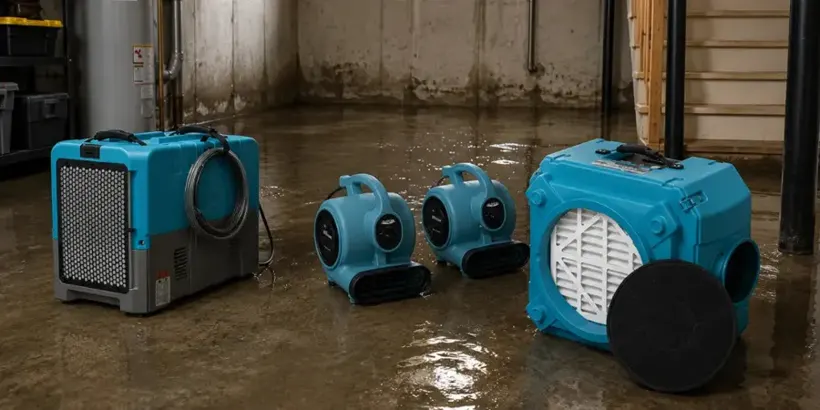 Dehumidifier and air movers drying a gutted Bay Shore room to standard